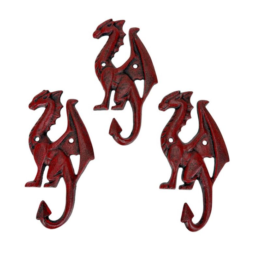 Set of 3 Dragon Wall Hooks Red Distressed Cast Iron 6.5 in Decorative